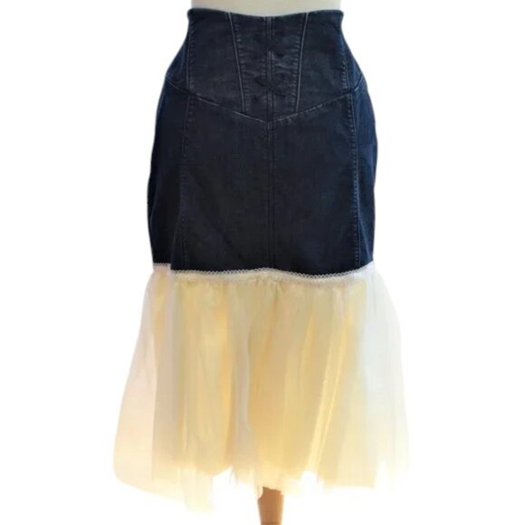 Vintage Upcycle Blue Jean & Tulle Ruffle Skirt Sequin Flower Embellished - Picture 4 of 7